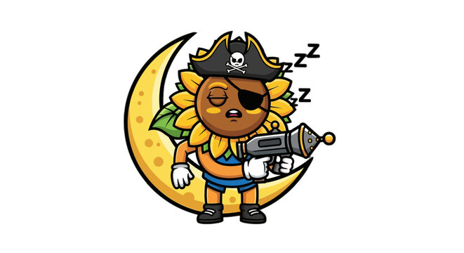 Cute Sleepy Pirate Sunflower Cartoon Character Holding Cannon.