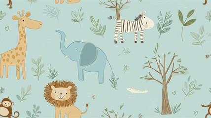 Fototapeta premium Safari animals pattern with giraffes, elephants, and lions on a light blue background. Cute cartoon jungle animals seamless pattern
