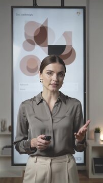 Vertical 4K video young woman confidently practices a demo day pitch, holding a clicker and presenting to a small group in a modern classroom with abstract screen