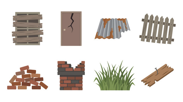 Set of various construction materials and debris icons including bricks wood and metal.