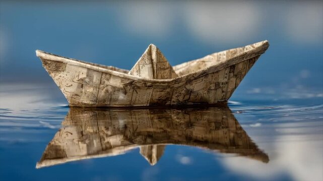 A paper boat, crafted from a map, floats on water, with its reflection below
