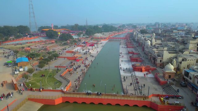 Aerial view of  Shri Ram Mandir, Ayodhya, Shri Hanuman Garhi Mandir, Lata Mangeshkar Chowk and Ram ki Paidi Ghats