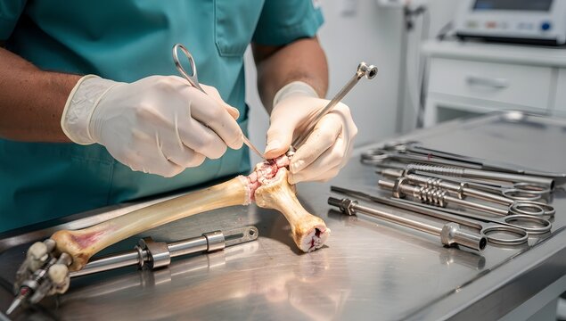 Image of veterinarian hands in trauma surgery reviewing repair quality in animal orthopedic care