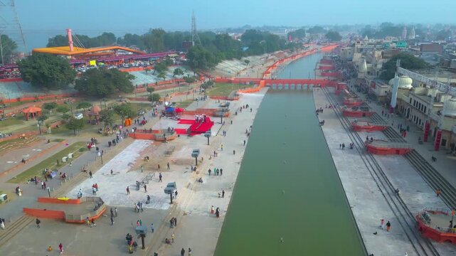 Aerial view of  Shri Ram Mandir, Ayodhya, Shri Hanuman Garhi Mandir, Lata Mangeshkar Chowk and Ram ki Paidi Ghats