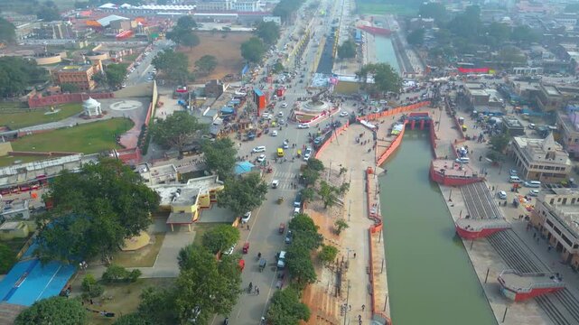 Aerial view of  Shri Ram Mandir, Ayodhya, Shri Hanuman Garhi Mandir, Lata Mangeshkar Chowk and Ram ki Paidi Ghats