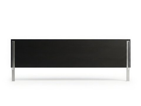 Modern black wooden bench with sleek metal legs against a white background