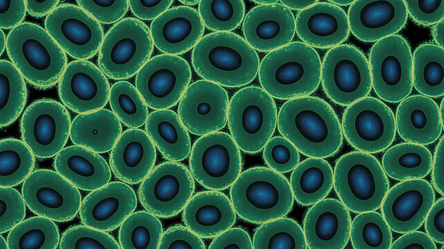 Microscopic view of green cells with blue nuclei against a black background biology science