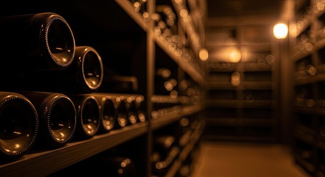 Wine bottles aging gracefully on shelves in a dimly lit cellar.