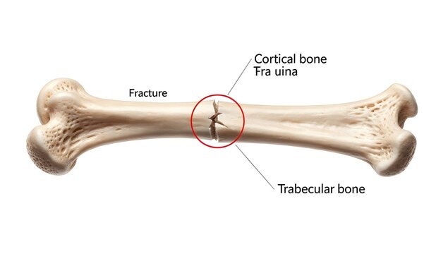 Anatomy poster of broken arm bone with visible cortical disruption and high-detail texture