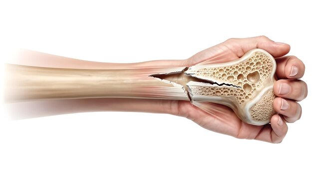 Medical illustration of arm bone break with fracture gap highlighted and crisp bone contours