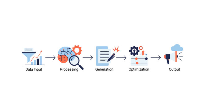 Visual workflow demonstrating data input transformation processing generation and output for business analytics and strategy development with digital icons representing each step in a sequence
