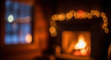 Fototapeta premium Cozy blurred fireplace with warm lights and window view.
