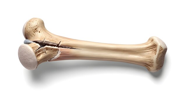 Ultra-realistic close-up of broken arm bone in medical illustration, fracture line through shaft, soft neutral tones, detailed orthopedic anatomy, premium realism