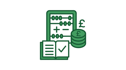 Fototapeta premium Accounting and Finance Icon: Abacus, Ledger Book, Coins, Pound Symbol