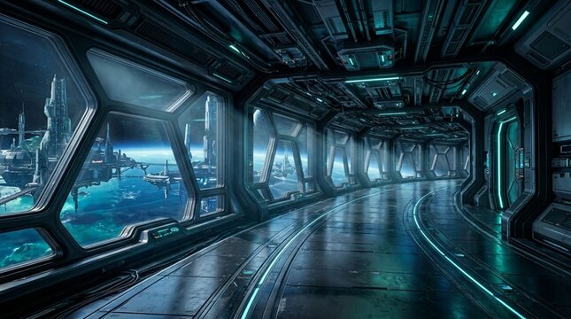 Futuristic Sci Fi Space Station Corridor with Earth View