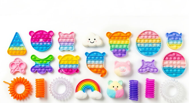 Assortment of contemporary colorful fidget toys featuring silicone gadgets squishy objects and tactile tubes on white surface top view with copy space for relaxation and sensory stress relief