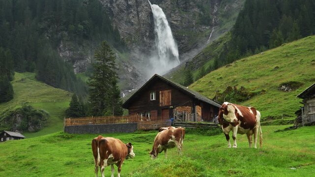 Swiss pastures in a meadow with a beautiful waterfall