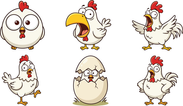 Funny Cartoon Chicken and Chick Vector Character Set Showing Shocked Screaming and Surprised Emotions with Hatching Egg for Humorous Farm Animal Mascots and Comic Designs