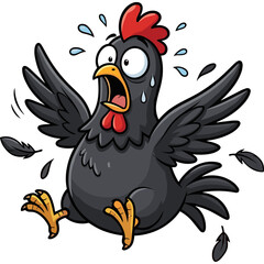 Fototapeta premium A cartoon chicken is shocked and running with feathers flying around it.