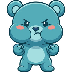 Obraz premium A cartoon blue bear with an angry expression and blush cheeks stands fists clenched.