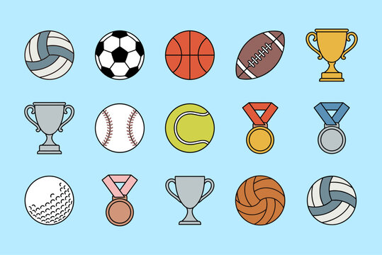 Collection of various sports balls and championship trophy cup icons set isolated on light blue background.