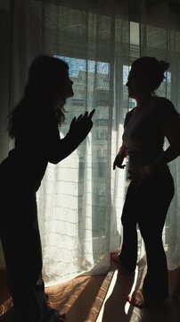 Mother and daughter arguing silhouetted against window