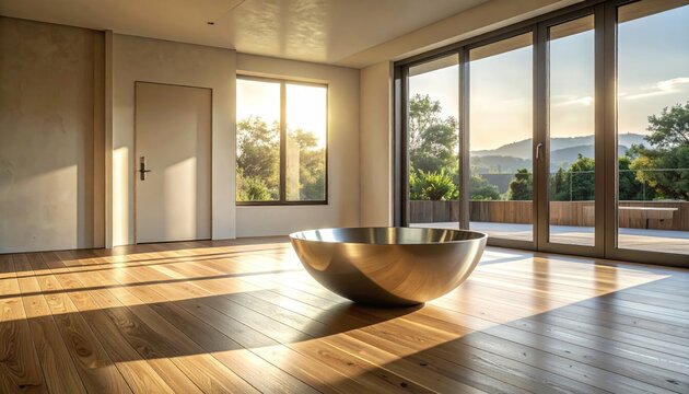 Sunlit modern room with large metal basin and expansive glass doors