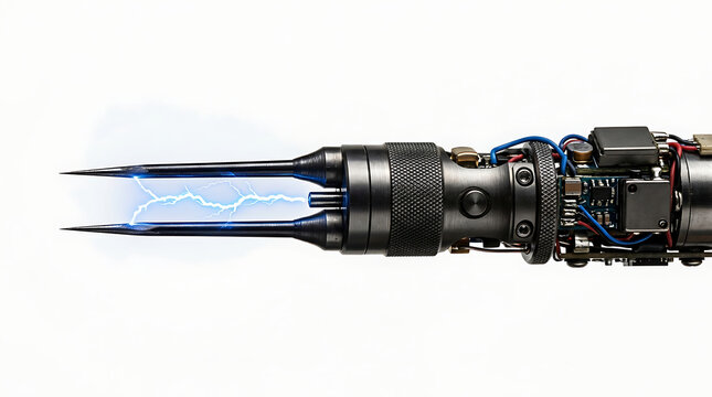 Detailed close-up of a futuristic taser weapon with electrical arcs isolated on white