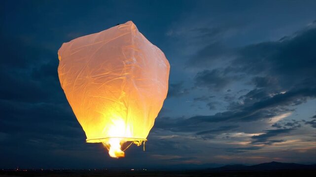 Glowing Sky Lantern Rising Into Dramatic Dusk Sky
