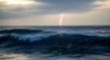 Fototapeta premium Dramatic Lightning Strike Over Choppy Ocean Waves Under a Cloudy Sky at Dusk.