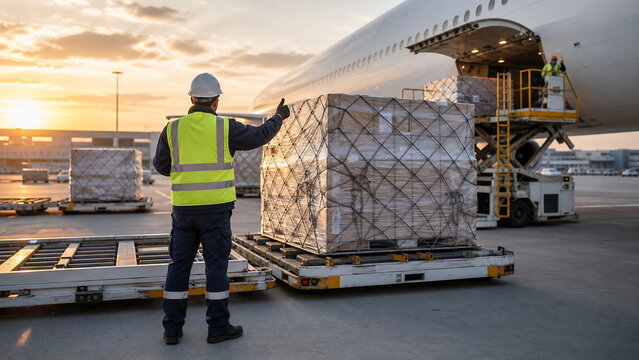 Air cargo logistics worker inspecting freight pallets near an aircraft