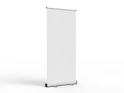 A sleek and modern white roll-up banner stand displayed against a white background