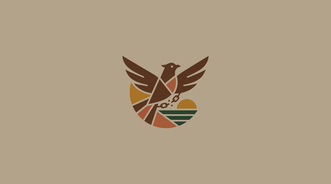 Geometric Bird Logo with Broken Chain and Sunset Illustration
