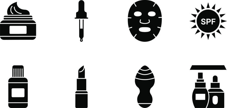 Black and white icons of various cosmetic products and skincare tools