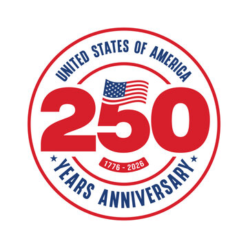 USA 250 years anniversary badge with American flag vector icon on white background. United States of America Independence Day celebration emblem, sticker, label. 1776-2026 Patriotic typography logo