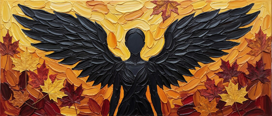 Naklejka premium A dark angel with spread wings is set against a textured autumn background filled with warm-colored falling leaves.