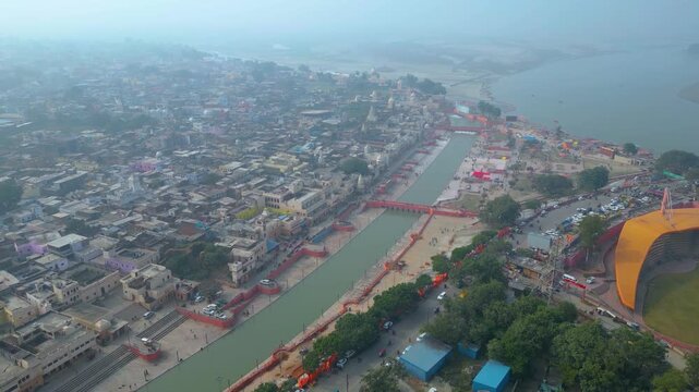 Aerial view of  Shri Ram Mandir, Ayodhya, Shri Hanuman Garhi Mandir, Lata Mangeshkar Chowk and Ram ki Paidi Ghats