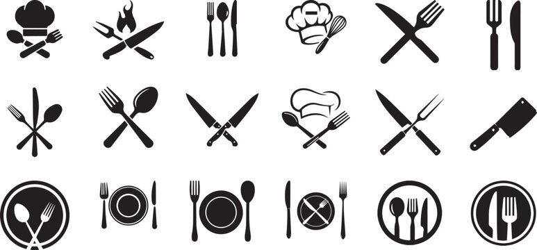 Restaurant icons, kitchen utensils, flat design, 25 black symbols, food and drink vector graphics