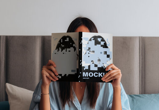 Woman Bed Reading Magazine Mockup