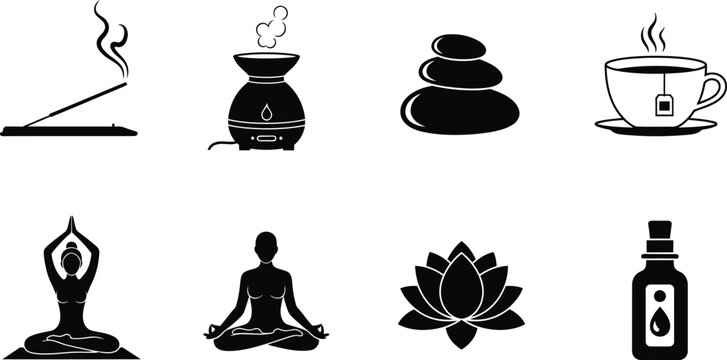 Black line icons for wellness and meditation