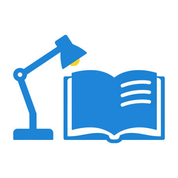 Stylish vector ofn open book next to a bright desk lamp shining light for studying or reading.