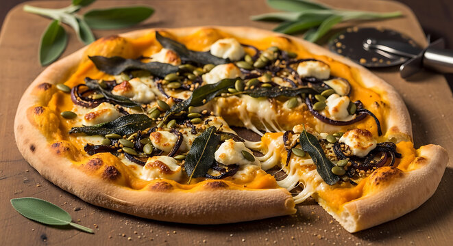 Delicious Homemade Artisan Flatbread Pizza Topped with Roasted Pumpkin Slices Creamy Goat Cheese and Fresh Sage Leaves Served on a Rustic Wooden Board for Seasonal Autumn Dining