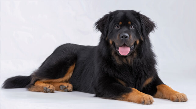 Tibetan Mastiff dog lying on a white background, showcasing its thick black and brown fur, with a friendly expression and relaxed posture