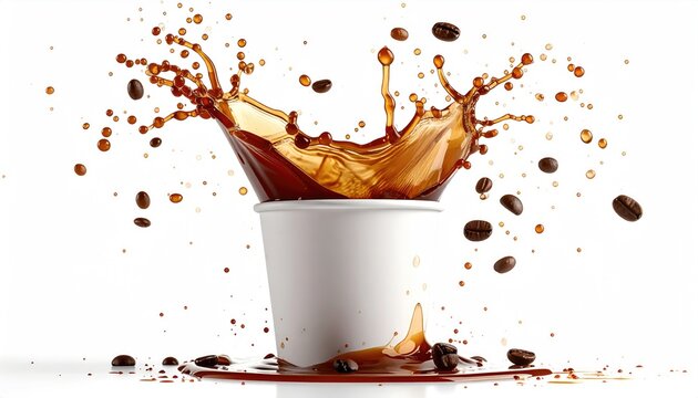 Hot coffee splashing out of a white cup with beans