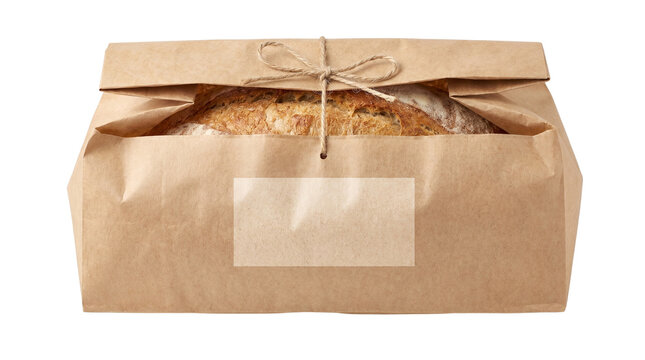 Artisan sourdough bread in brown paper bag, rustic bakery loaf packaging with twine bow, eco-friendly kraft paper bread sack with blank label isolated PNG with Transparent Background