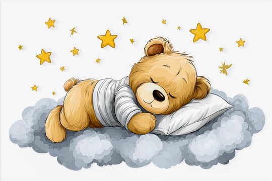 Cute cartoon teddy bear sleeping on a cloud with stars and butterflies surrounding it, creating a whimsical and dreamy atmosphere for children's illustrations