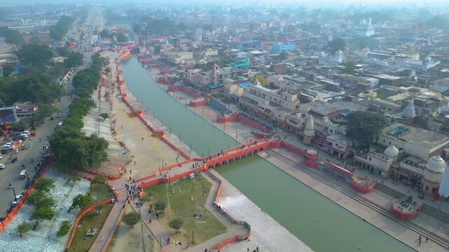 Aerial view of  Shri Ram Mandir, Ayodhya, Shri Hanuman Garhi Mandir, Lata Mangeshkar Chowk and Ram ki Paidi Ghats