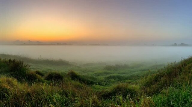 A hazy dawn paints a green field with a layer of fog, as the sun rises in the horizon