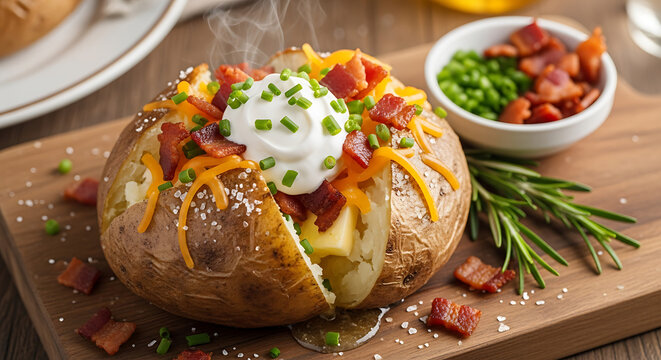 Delicious rustic oven-baked jacket potato filled with creamy butter sour cream crispy bacon bits fresh green chives and melted cheddar cheese on wooden table.