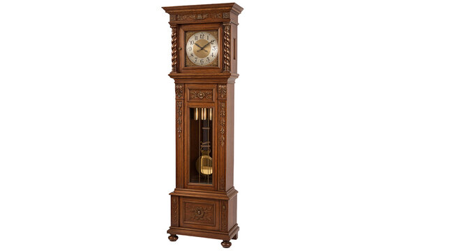 Antique wooden grandfather clock with ornate hand-carved pillars, ornate golden clock face dial, and visible swinging brass pendulum inside glass case isolated on transparent background 